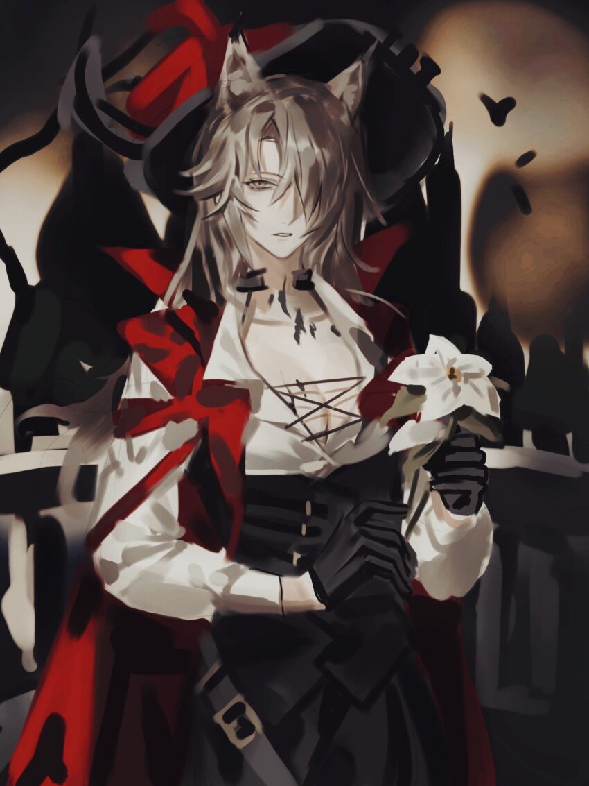 1girl animal_ears arknights black_gloves cat_ears flower genderswap genderswap_(mtf) gloves grey_hair highres hkeno holding holding_flower material_growth open_clothes open_shirt oripathy_lesion_(arknights) phantom_(arknights) phantom_(focus)_(arknights) shirt sitting solo white_flower white_shirt yellow_eyes