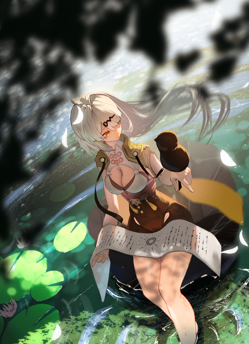 1girl absurdres bird black_bird breasts cleavage hair_ornament high-waist_shorts highres jacket kyo_no_neko large_breasts long_hair mole mole_on_breast outdoors partially_submerged scroll shorts single_hair_intake sitting thighs white_hair yellow_eyes yellow_jacket yin_yang_pin yixuan_(zenless_zone_zero) zenless_zone_zero