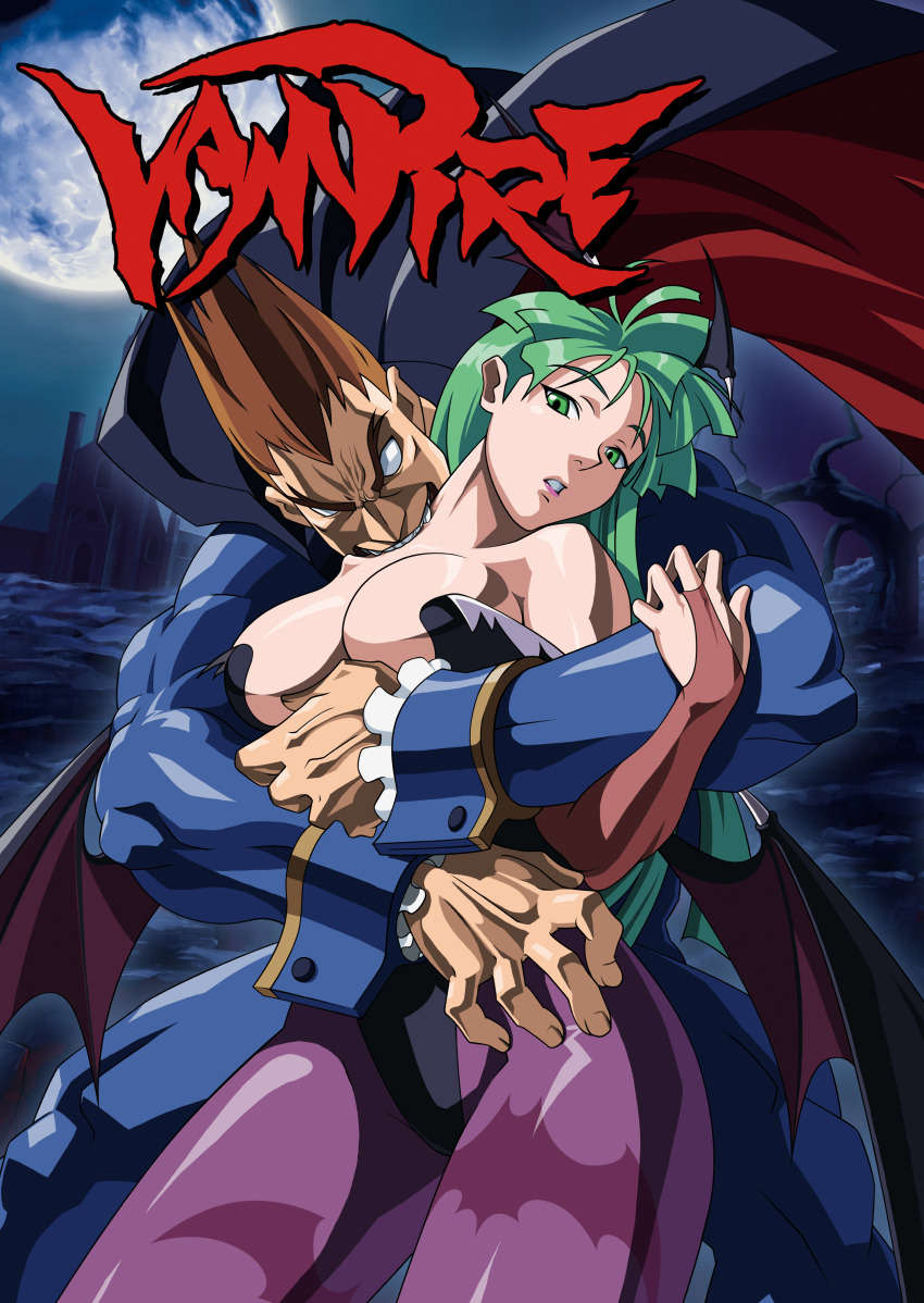 1boy 1girl absurdres animal_print bare_shoulders bare_tree bat_print bat_wings biting black_leotard blue_jacket blue_pants blue_suit breasts bridal_gauntlets brown_hair building capcom cape castle cleavage darkstalkers demitri_maximoff demon_girl english_text feather_trim feathers formal_clothes frilled_sleeves frills grabbing_another&#039;s_breast grabbing_from_behind green_eyes green_hair groping head_tilt head_wings hetero highleg highleg_leotard highres hug hug_from_behind jacket large_breasts leggings leotard long_hair long_sleeves moon moonlight morrigan_aensland muscular muscular_male neck_biting night night_sky official_art outdoors pants parted_bangs parted_lips pointy_hair poster_(medium) purple_leggings shiny_clothes shiny_skin short_hair sky standing suit text_focus tree undead vampire wings