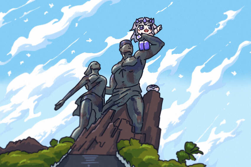 1girl 1other african_renaissance_monument bing_huyue blue_sky blush_stickers chibi cloud cloudy_sky gem gem_hair_ornament hair_flaps hand_jewel highres hololive hololive_english koseki_bijou koseki_bijou_(1st_costume) long_hair monument open_mouth pebble_(koseki_bijou) pointing pointing_up purple_eyes purple_gemstone purple_hair purple_shoes real_world_location senegal shoes sky statue virtual_youtuber