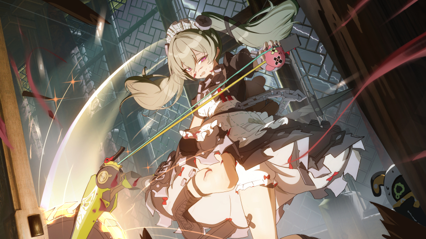 1girl absurdres apron black_boots black_dress black_nails blood blood_on_clothes blood_on_face boots corin_wickes dress green_hair hair_between_eyes highres holding holding_scythe long_hair looking_at_another maid maid_apron maid_headdress open_mouth purple_eyes scythe sidelocks solo standing standing_on_one_leg twintails white_apron yuyiosang zenless_zone_zero