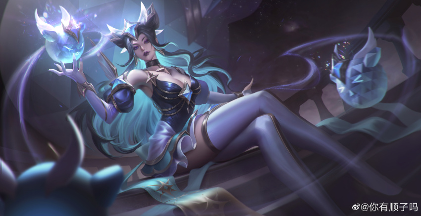 1girl absurdres black_hair breasts chinese_commentary chromatic_aberration cleavage earrings eyeshadow hair_ornament highres jewelry large_breasts league_of_legends lipstick looking_at_viewer makeup ni_youshun official_alternate_costume official_alternate_hairstyle parted_lips prestige_star_guardian_syndra purple_eyes purple_eyeshadow purple_lips signature sitting solo star_guardian_(league_of_legends) star_guardian_pet syndra