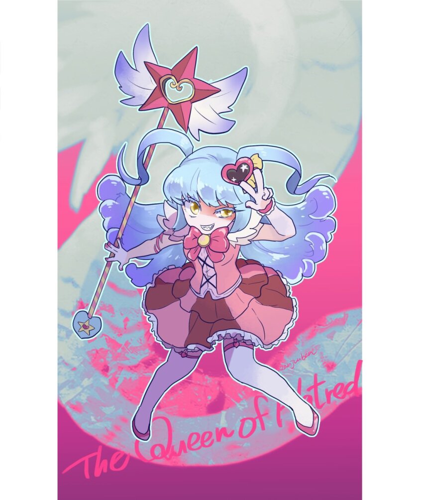 1girl blue_hair bow dress evil_grin evil_smile full_body grin hair_ornament heart heart_hair_ornament highres lobotomy_corporation pink_bow pink_garter_straps pink_nails pink_shoes project_moon queen_of_hatred sharp_teeth shoes single_wrist_cuff smile solo staff star_(symbol) teeth thighhighs two_side_up uzukiyuni w w_over_face white_thighhighs wrist_cuffs yellow_eyes