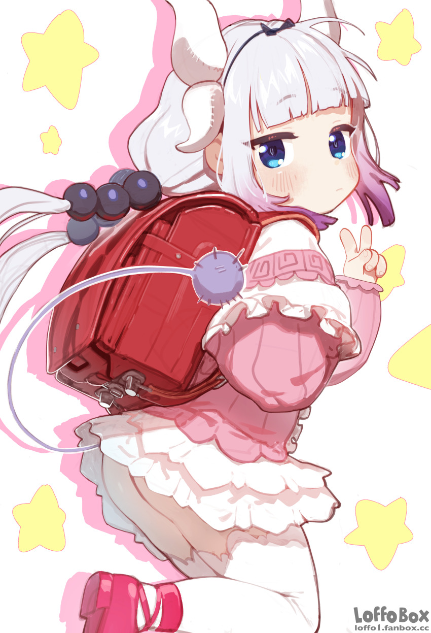 1girl absurdres artist_name ass backpack bag blue_eyes blush closed_mouth commentary dragon_horns english_commentary grey_hair hair_ornament highres horns kanna_kamui kobayashi-san_chi_no_maidragon loffo loli long_hair looking_at_viewer low_twintails no_panties randoseru skirt solo sphere_hair_ornament star_(symbol) star_symbol_background tail thighhighs twintails v white_background white_horns white_skirt white_thighhighs