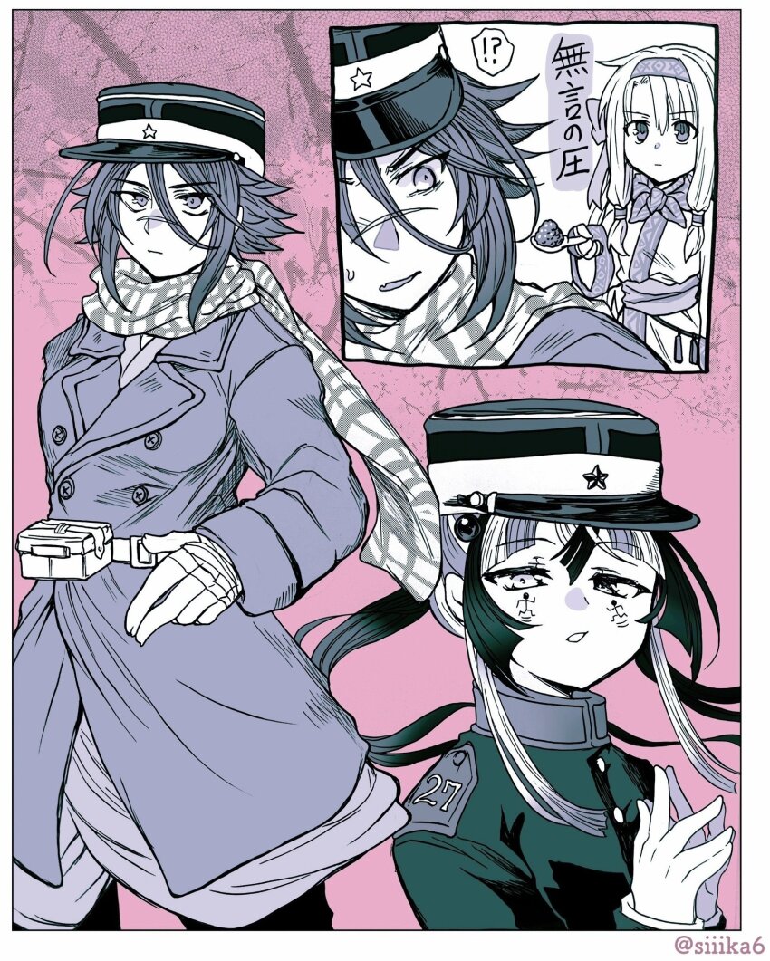 !? 3girls ainu_clothes bandaged_arm bandages belt bow coat cosplay fate/grand_order fate_(series) golden_kamuy greyscale_with_colored_background hairband hat highres kashin_koji_(fate) long_hair military_hat military_uniform multicolored_hair multiple_girls own_hands_together pink_bow scar scar_on_face scar_on_nose scarf siiika_(siiika6) sitonai_(fate) spoon sugimoto_saichi sugimoto_saichi_(cosplay) sugitani_zenjubou_(fate) twitter_username two-tone_hair usami_tokishige usami_tokishige_(cosplay)