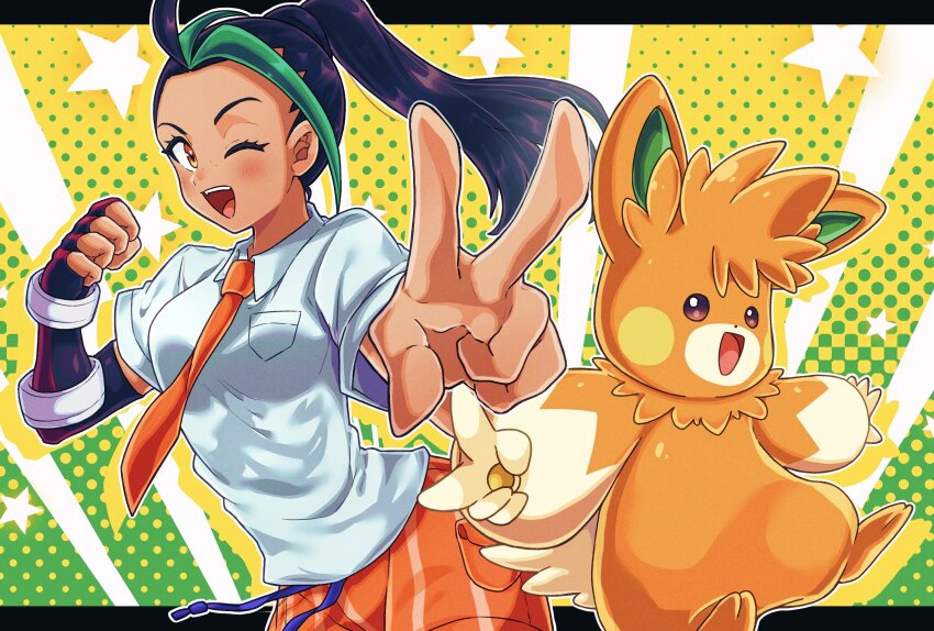 1girl 1other absurdres black_border border commentary_request dark-skinned_female dark_skin fingerless_gloves freckles gloves green_hair hair_pulled_back highres looking_at_viewer naranja_academy_school_uniform necktie nemona_(pokemon) nintendo one_eye_closed open_mouth orange_eyes orange_necktie orange_shorts otyumamii pawmot pokemon pokemon_sv ponytail purple_eyes school_uniform shorts single_glove star_(symbol) striped_clothes striped_shorts