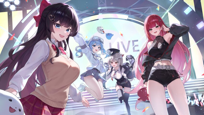 4girls absurdres akane_lize animal_ears arahashi_tabi arm_up armpits bare_shoulders belt black_eyes black_hair black_jacket black_shirt black_shorts black_skirt black_thighhighs blue_eyes breasts brown_sweater cat_ears collared_shirt commentary_request crop_top cross cross_earrings earrings goggles goggles_on_head grey_hair haedungi_(shirayuki_hina) hair_ornament hat heart heart_hair_ornament high-waist_shorts highres jacket jewelry korean_commentary large_breasts long_hair looking_at_viewer maro_(neneko_mashiro) midriff mole mole_under_eye multiple_girls navel neneko_mashiro off_shoulder open_mouth peaked_cap pencil_skirt pienna_(akane_lize) pungdangi_(arahashi_tabi) red_hair red_skirt school_uniform shirayuki_hina shirt short_shorts shorts sibo skirt sleeveless sleeveless_shirt smile stellive sweater sweater_vest thighhighs thighs twintails very_long_hair virtual_youtuber white_shirt