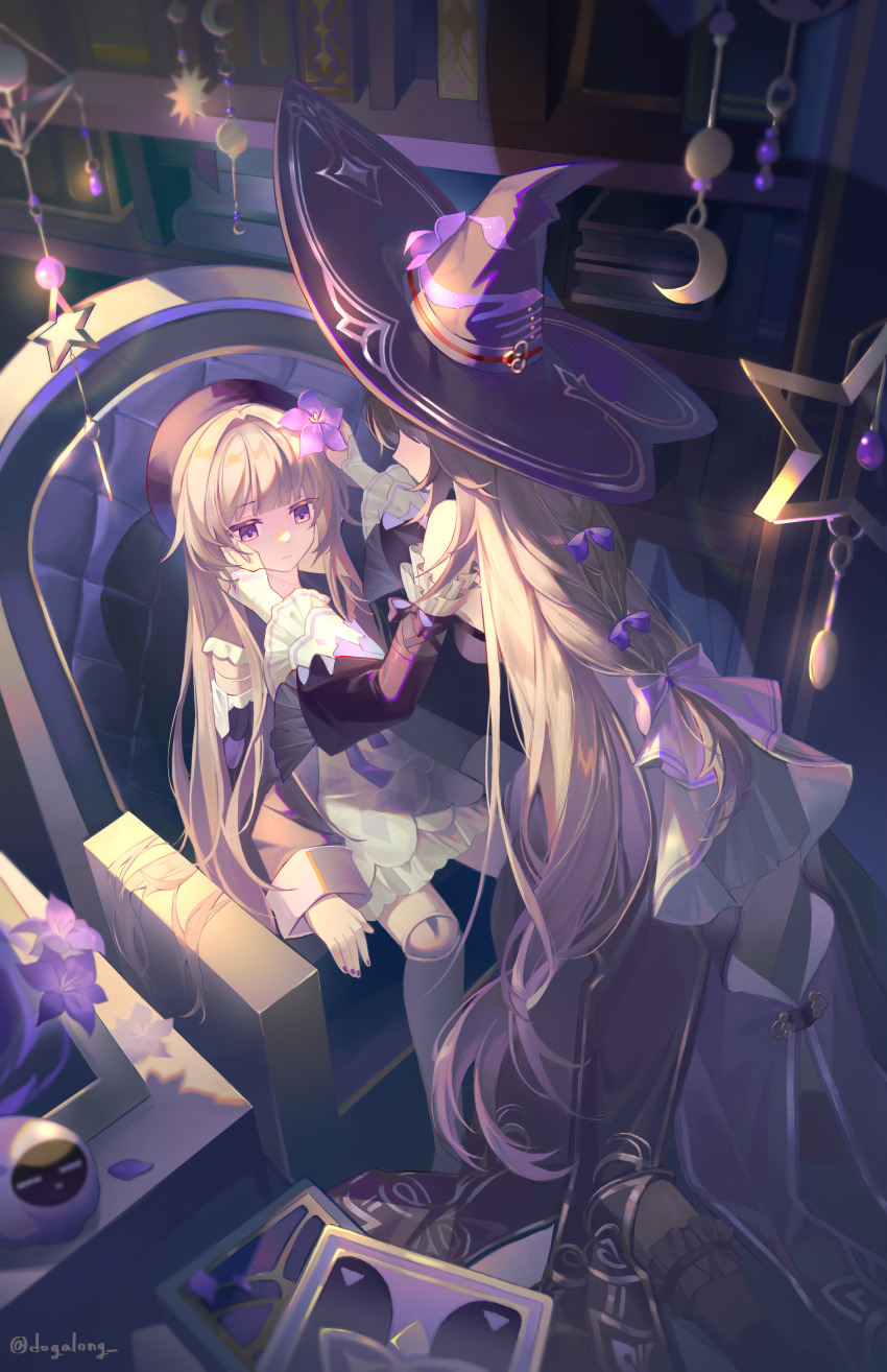 2girls absurdres black_dress black_hat black_sleeves book book_stack bookshelf bow brown_hair chair commentary detached_sleeves dogae doll_joints dress dressing_another dual_persona flower hair_bow hat hat_flower herta_(honkai:_star_rail) herta_(puppet)_(honkai:_star_rail) herta_(simulated_universe_avatar)_(honkai:_star_rail) highres honkai:_star_rail honkai_(series) joints leaning_forward long_hair low-tied_long_hair mobile multiple_girls purple_bow purple_eyes purple_flower purple_hat symbol-only_commentary table the_herta_(honkai:_star_rail) white_dress witch_hat