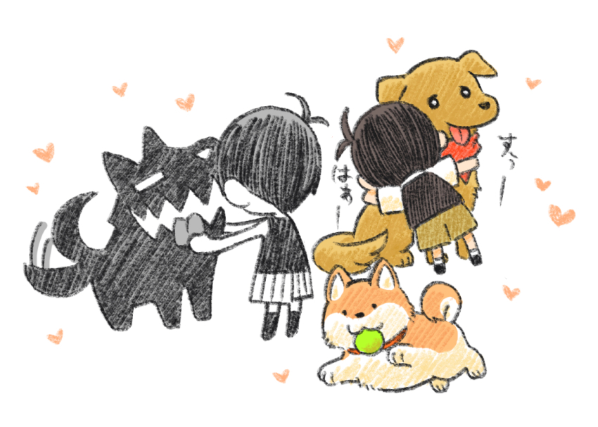 2boys ball bandana black_footwear black_hair black_socks black_sweater_vest black_tank_top brown_shorts chibi chibi_only collar collared_shirt dog heart hector_(omori) hug kneehighs lucas_(omori) male_focus multiple_boys omori omori_(omori) red_bandana shadow_dog_(omori) shirt short_hair shorts simple_background socks sun_iiinu sunny_(omori) sweater_vest tank_top tennis_ball tongue tongue_out translation_request white_background white_shirt white_shorts white_socks