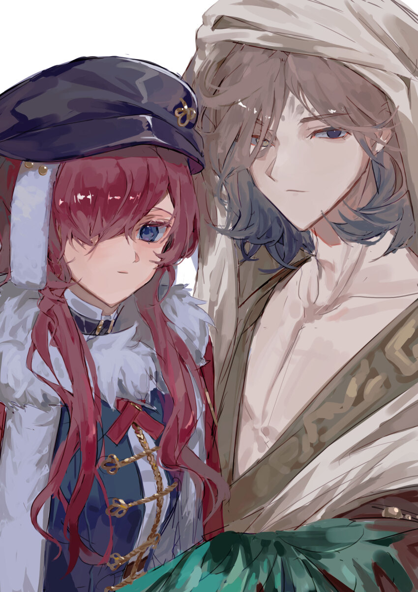 1boy 1girl 2cha_bangjeongsik :/ :| absurdres black_eyes black_hat black_vest blue_eyes brown_hair newsboy_cap cape chinese_clothes closed_mouth fur-trimmed_cape fur_trim getian_(reverse:1999) green_wings grey_eyes hair_over_one_eye hanfu harpy_boy hat headscarf heterochromia highres long_hair looking_at_viewer monster_boy red_hair reverse:1999 shirt upper_body vest white_background white_hanfu white_headscarf white_shirt winged_arms wings yenisei_(reverse:1999)