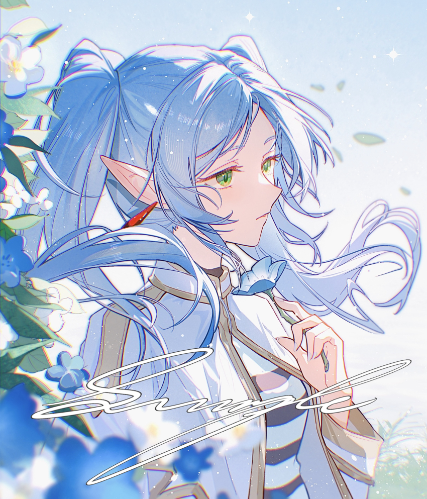 1girl absurdres blue_flower capelet closed_mouth cloudyman double-parted_bangs dress earrings elf flower frieren green_eyes highres holding holding_flower jewelry long_hair looking_ahead pointy_ears sidelocks solo sousou_no_frieren striped_clothes striped_dress twintails white_capelet white_dress white_hair