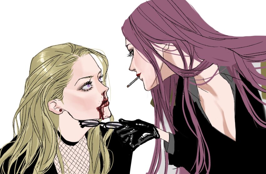 2girls black_suit blonde_hair blood blood_on_face cigarette commentary_request eye_contact fishnet_top fishnets formal_clothes glasses highres hina_(one_piece) kalifa_(one_piece) long_hair looking_at_another multiple_girls one_piece pink_hair popsweetyio red_lips simple_background suit white_background