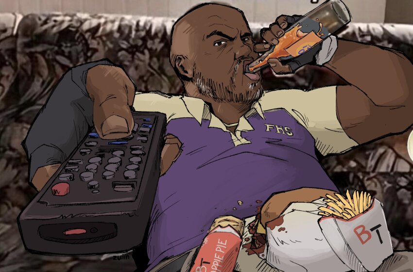 1boy aiming aiming_at_viewer apple_pie arms_up artist_name bald bbq_bacon_burger beard belt black_eyes black_gloves bottle burger clothes_writing coach_(left_4_dead) collared_shirt controller couch dark-skinned_male dark_skin drink drinking english_text facial_hair fingerless_gloves food french_fries gloves grey_pants highres holding holding_bottle holding_drink holding_remote_control indoors leaning_back left_4_dead left_4_dead_2 looking_at_viewer male_focus man_watching_tv_(meme) messy on_couch outstretched_arm pants photo-referenced photo_background pie purple_shirt remote_control ren_(notzenren) shirt shirt_tucked_in short_sleeves signature soda_bottle solo two-tone_shirt v-shaped_eyebrows
