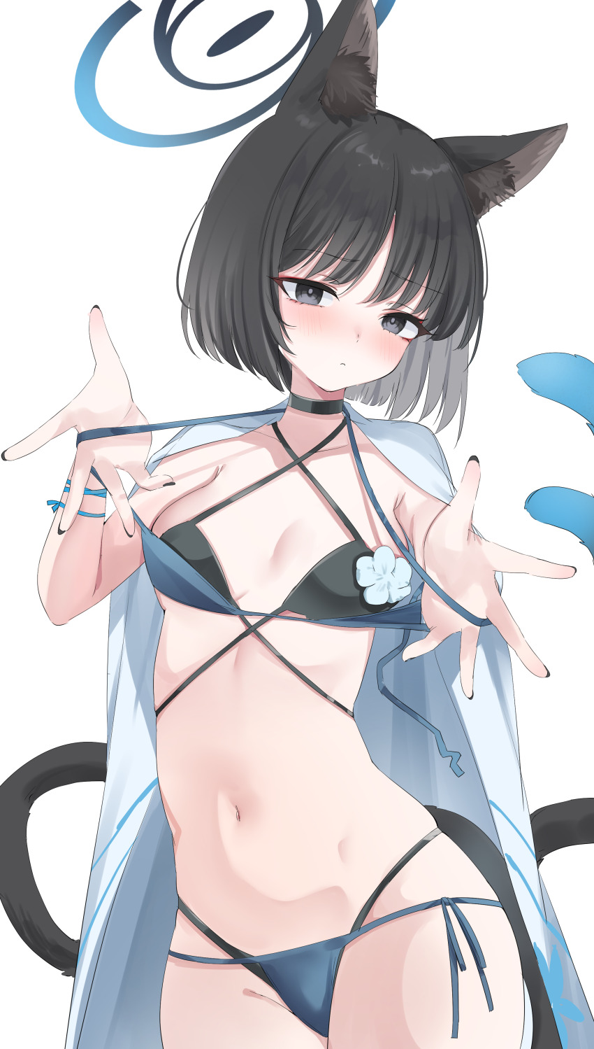 1girl absurdres akahaneko animal_ears bakeneko bikini bikini_top_pull black_choker black_eyes black_nails black_tail blue_archive blue_bikini blue_halo blue_haori blue_tail blush breasts cape cat_ears cat_girl cat_tail choker criss-cross_straps fingernails halo haori highres japanese_clothes kikyou_(blue_archive) kikyou_(swimsuit)_(blue_archive) layered_bikini looking_at_viewer multi-strapped_bikini_bottom multiple_tails nail_polish navel official_alternate_costume side-tie_bikini_bottom simple_background small_breasts solo swimsuit tail two_tails white_background white_cape