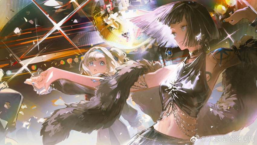 2girls alternate_costume bar_(place) bare_arms bare_shoulders beads black_collar black_hair black_scarf black_shirt black_skirt blonde_hair blue_eyes blue_hairband blue_nails blunt_bangs blunt_ends bob_cut breast_tattoo breasts chain character_request chinese_commentary closed_mouth collar commentary_request cowboy_shot crescent_tattoo crop_top dancing disco_ball earrings eyelashes fog frilled_sleeves frills fur_scarf hair_beads hair_ornament hairband highres indoors jewelry kkia long_sleeves looking_at_another matilda_bouanich medium_breasts multiple_girls nail_polish navel o-ring one_side_up open_mouth outstretched_arm puffy_long_sleeves puffy_sleeves reverse:1999 scarf shirt short_hair shoulder_tattoo skirt sleeveless sleeveless_shirt smile sparkle star_(symbol) star_hair_ornament star_tattoo stomach tattoo teeth upper_teeth_only watermark weibo_watermark