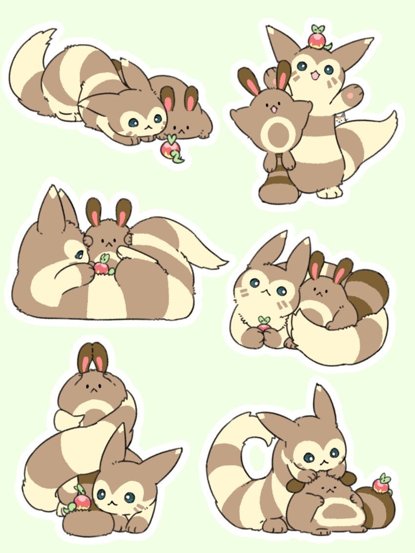 :&lt; applin brown_fur evolutionary_line furret gen_2_pokemon gen_8_pokemon green_background h1na3 highres lying multiple_views nintendo no_humans on_back outline pokemon pokemon_(creature) sentret sitting solid_oval_eyes standing tail tail_wrap white_outline
