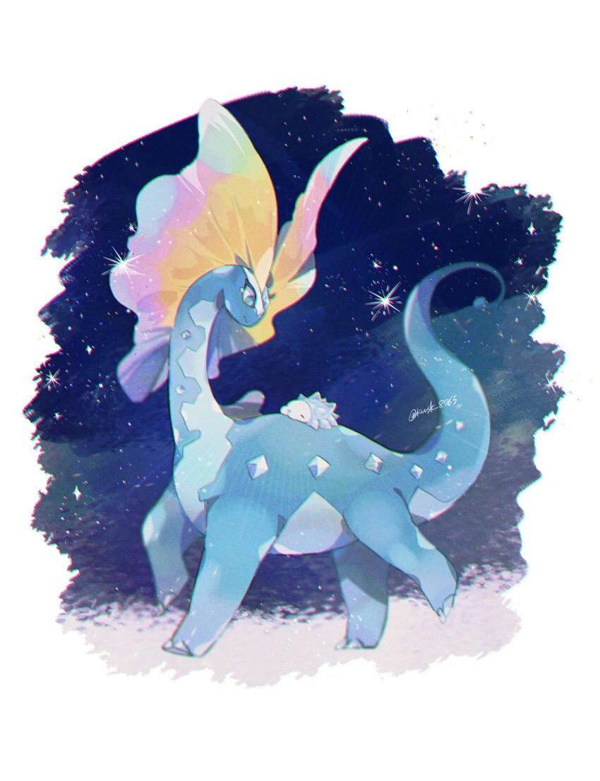 aurorus blue_eyes closed_eyes closed_mouth commentary_request full_body gen_6_pokemon gen_8_pokemon highres kawasaki_(kwsk_8765) looking_at_another nintendo no_humans pokemon pokemon_(creature) sky snom standing star_(sky) starry_sky twitter_username