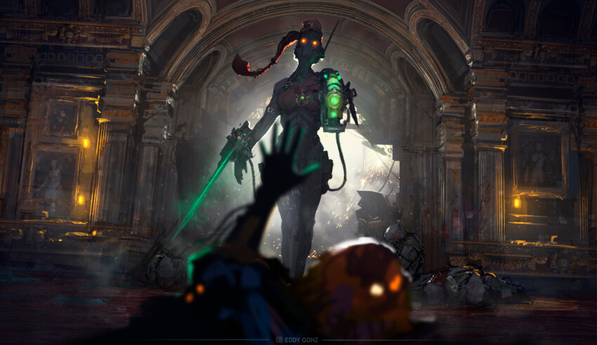 1boy 1girl artist_name assassin assassination black_bodysuit bodysuit callidus_assassin eddygonzlezdvila glowing glowing_eyes glowing_sword glowing_weapon highres instagram_logo instagram_username long_hair officio_assassinorum ponytail power_sword reaching reaching_towards_another red_eyes red_hair skull skull_ornament warhammer_40k weapon