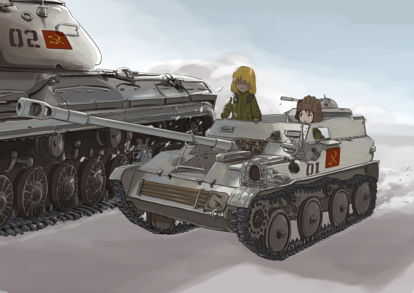 10s 2girls anger_vein assault_gun asu-57 blonde_hair day emblem girls_und_panzer katyusha_(girls_und_panzer) military military_vehicle motor_vehicle multiple_girls nikolai_ezhov pravda_(emblem) pravda_military_uniform sky snow t-10 t-55 tank