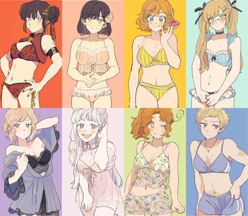 6+girls ahoge america_(female)_(hetalia) america_(hetalia) aqua_background arm_up axis_powers_hetalia bare_shoulders bell bikini black-framed_eyewear black_bra black_choker black_hair black_nails black_ribbon black_shorts blonde_hair blue_background blue_bikini blue_bra blue_eyes blue_robe blue_shorts blush bow bra breasts china_(female)_(hetalia) china_(hetalia) choker closed_mouth collarbone colorful_background commentary_request cowboy_shot cross cross_necklace detached_sleeves donut double_bun dress earrings fingernails floral_print flower flower_tattoo food france_(female)_(hetalia) france_(hetalia) genderswap genderswap_(mtf) germany_(female)_(hetalia) germany_(hetalia) glasses green_background green_eyes grey_hair hair_bun hair_flower hair_ornament hair_ribbon hairpin hand_on_own_hip hand_up hands_up headdress high_ponytail highres holding holding_donut holding_food japan_(female)_(hetalia) japan_(hetalia) jewelry lingerie long_fingernails long_hair long_sleeves looking_at_viewer mandarin_collar medium_breasts multiple_girls nail_polish navel necklace ninonuko northern_italy_(female)_(hetalia) northern_italy_(hetalia) one_eye_closed open_clothes open_mouth open_robe open_vest orange_eyes orange_hair own_hands_together parted_bangs pink_background pink_bikini pink_bow pink_choker pink_dress pink_flower pink_gemstone pink_thighhighs ponytail puffy_short_sleeves puffy_sleeves purple_background purple_eyes red_background red_bikini red_vest ribbon robe russia_(female)_(hetalia) russia_(hetalia) see-through_clothes semi-rimless_eyewear short_dress short_hair short_shorts short_sleeves shorts sidelocks sleeveless sleeveless_dress smile standing star_(symbol) star_hair_ornament sweatdrop swimsuit tank_top tassel tassel_earrings tattoo teeth thighhighs tongue tongue_out twintails underwear united_kingdom_(female)_(hetalia) united_kingdom_(hetalia) v-shaped_eyebrows very_short_hair vest wavy_hair white_shorts white_tank_top wide_sleeves x_hair_ornament yellow_background yellow_bikini yellow_eyes yellow_nails yellow_ribbon