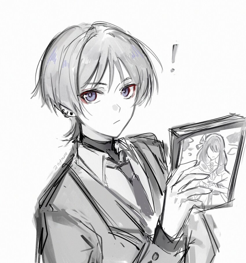 ! 1boy alternate_costume blunt_ends book closed_mouth collared_shirt contemporary ear_piercing earrings eyeliner eyeshadow formal_clothes genshin_impact greyscale highres holding holding_book jacket jewelry layered_sleeves long_sleeves looking_at_viewer makeup male_focus monochrome necktie piercing purple_eyes red_eyeliner red_eyeshadow scaramouche_(genshin_impact) sgm618 shirt solo spot_color suit suit_jacket twitter_username undershirt white_background wispy_bangs