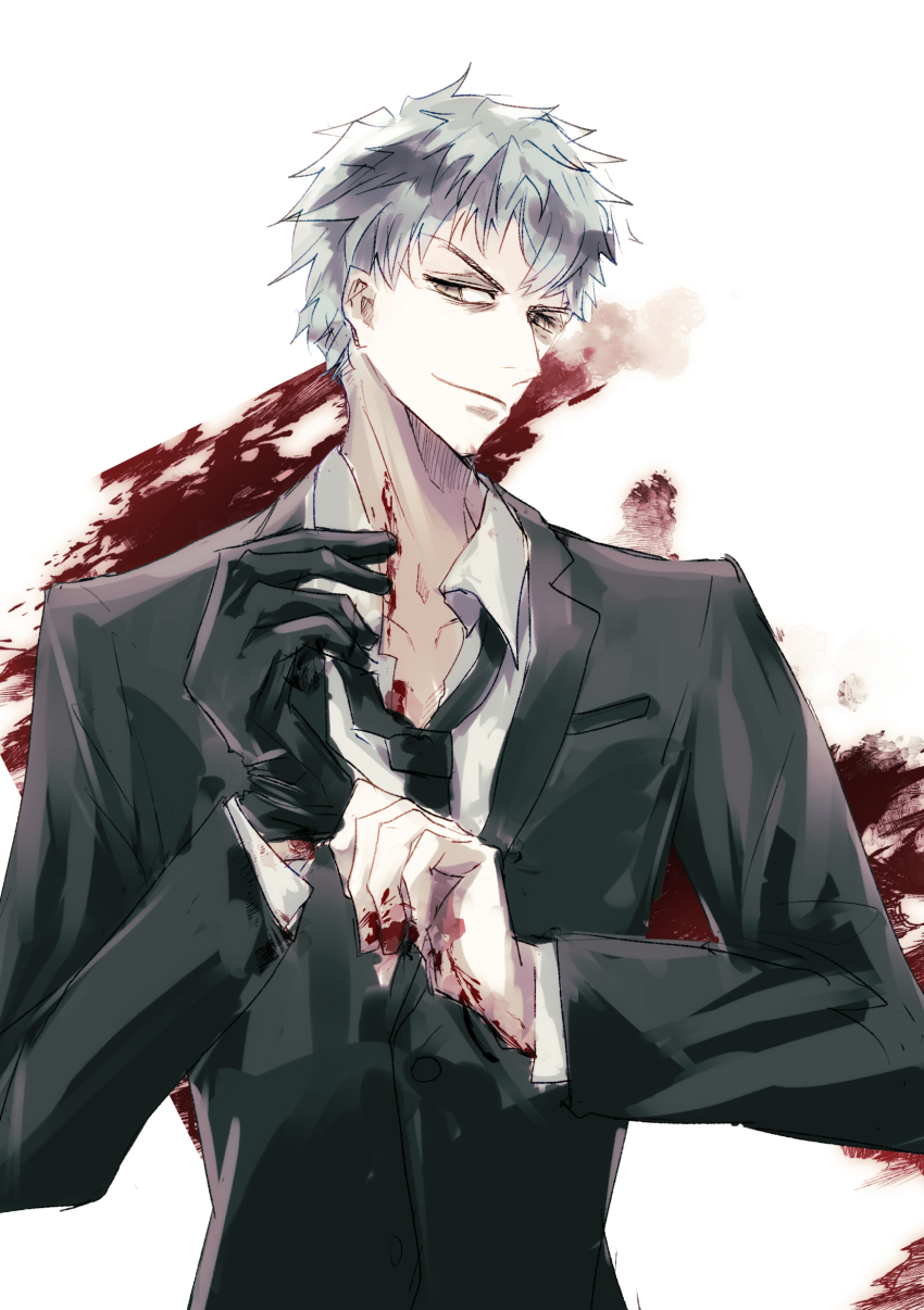 1boy absurdres black_gloves black_necktie black_suit blood blood_on_hands brown_eyes collarbone fate/grand_order fate_(series) formal_clothes gloves grey_hair highres long_sleeves looking_at_viewer male_focus necktie saitou_hajime_(fate) shirt short_hair smile solo suit umikame upper_body white_shirt