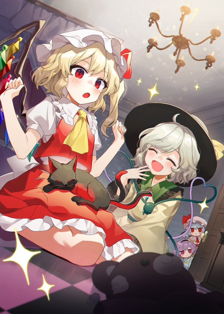 5girls ahoge animal animal_ears animal_nose ascot back_bow bat_wings bed bedroom belt black_fur black_hairband black_headwear blonde_hair blue_hair blue_shirt blush bow buttons cat cat_ears cat_tail checkered_floor clenched_hands closed_eyes closed_mouth collared_dress collared_shirt commentary_request crystal diamond_button door dress fang flandre_scarlet floor frills green_skirt grey_hair hair_between_eyes hair_ornament hairband hand_up hands_up hat hat_ribbon heart heart_hair_ornament heart_of_string highres indoors jill_07km kaenbyou_rin kaenbyou_rin_(cat) komeiji_koishi komeiji_satori lamp long_sleeves looking_at_another looking_down lying lying_on_person mob_cap multicolored_wings multiple_girls multiple_tails one_side_up open_door open_mouth pink_dress pink_eyes pink_headwear puffy_short_sleeves puffy_sleeves purple_hair red_ascot red_belt red_eyes red_fur red_ribbon red_skirt red_vest remilia_scarlet ribbon seiza shirt short_hair short_sleeves siblings sisters sitting skirt skirt_set sleeping smile sparkle standing stuffed_animal stuffed_toy sweatdrop tail teddy_bear third_eye tongue touhou two-tone_fur two_tails vest wall white_bow white_headwear white_shirt wide_sleeves wings yellow_ascot yellow_ribbon yellow_shirt