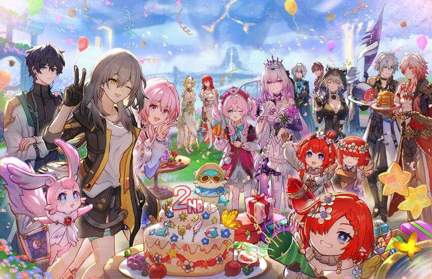 5boys 6+girls ;) absurdres aglaea_(honkai:_star_rail) anaxa_(honkai:_star_rail) ancient_greek_clothes animal_ears animal_hood anniversary aqua_eyes balloon black_coat black_gloves black_hair black_jacket black_leotard black_pants black_skirt black_tiara blonde_hair blue_eyes blue_sky book box breasts brown_hair bubbles_(honkai:_star_rail) cake castorice_(honkai:_star_rail) cat_ears cat_girl cat_hood cat_tail chimera_(honkai:_star_rail) chrysos_heirs_(honkai:_star_rail) cipher_(honkai:_star_rail) cleavage coat commentary_request cross-shaped_pupils dan_heng_(honkai:_star_rail) dress elbow_gloves everyone eyepatch fingerless_gloves flower food gift gift_box glasses gloves greco-roman_clothes grey_hair highres himeko_(honkai:_star_rail) holding holding_flower holding_plate honkai:_star_rail honkai_(series) hood hyacine_(honkai:_star_rail) isome jacket large_breasts leotard long_hair march_7th_(honkai:_star_rail) meat medium_breasts mem_(honkai:_star_rail) multiple_boys multiple_girls mydei_(honkai:_star_rail) one_eye_closed open_book outdoors pancake pancake_stack pants phainon_(honkai:_star_rail) pink_hair plate pointy_ears purple_eyes purple_gloves purple_hair red_dress red_hair revision shirt short_hair skirt sky smile star_balloon stelle_(honkai:_star_rail) sunday_(honkai:_star_rail) symbol-shaped_pupils tail thigh_strap tiara trailblazer_(honkai:_star_rail) trianne_(honkai:_star_rail) tribbie_(honkai:_star_rail) trinnon_(honkai:_star_rail) twintails welt_yang white_coat white_dress white_hair white_jacket white_shirt