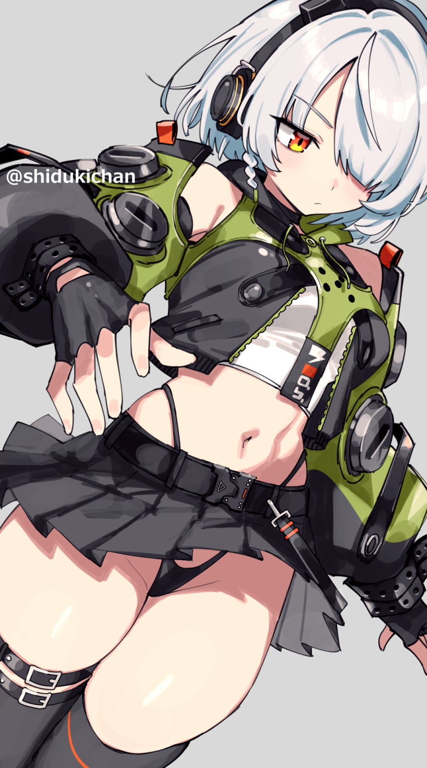 1girl anby_demara black_gloves black_panties black_skirt black_thighhighs braid closed_mouth commentary_request fingerless_gloves gloves grey_background hair_over_one_eye highres long_sleeves midriff navel orange_eyes panties pleated_skirt shigatsu_shizuki short_hair simple_background single_braid skirt solo thighhighs thighs twitter_username underwear white_hair zenless_zone_zero