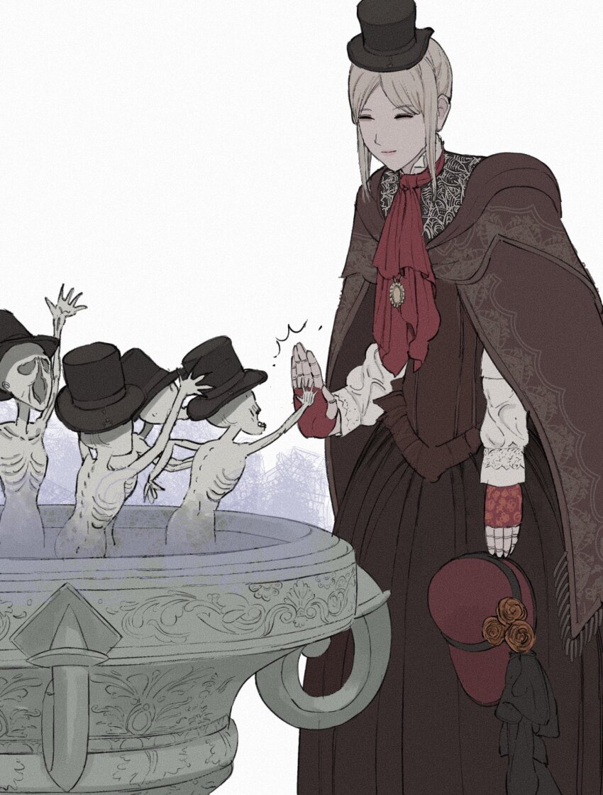1girl ^_^ ascot bloodborne bodice bonnet boots brooch brown_cloak brown_skirt cloak closed_eyes doll_joints fingerless_gloves flower fountain giganticbuddha gloves hat high_five highres holding holding_unworn_clothes holding_unworn_hat jewelry joints lace-up_boots long_sleeves medium_hair messengers_(bloodborne) multiple_others parted_bangs plain_doll red_ascot red_gloves sidelocks skirt smile standing top_hat unworn_hat unworn_headwear white_background