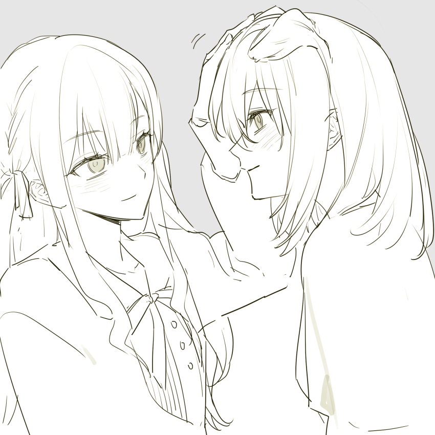 2girls animal_ears bang_dream! bang_dream!_it&#039;s_mygo!!!!! blush closed_mouth commentary dog_ears dog_girl grey_background greyscale headpat headphones highres kemonomimi_mode lingjiu_yuki misumi_uika monochrome multiple_girls shirt simple_background spot_color togawa_sakiko upper_body yellow_eyes