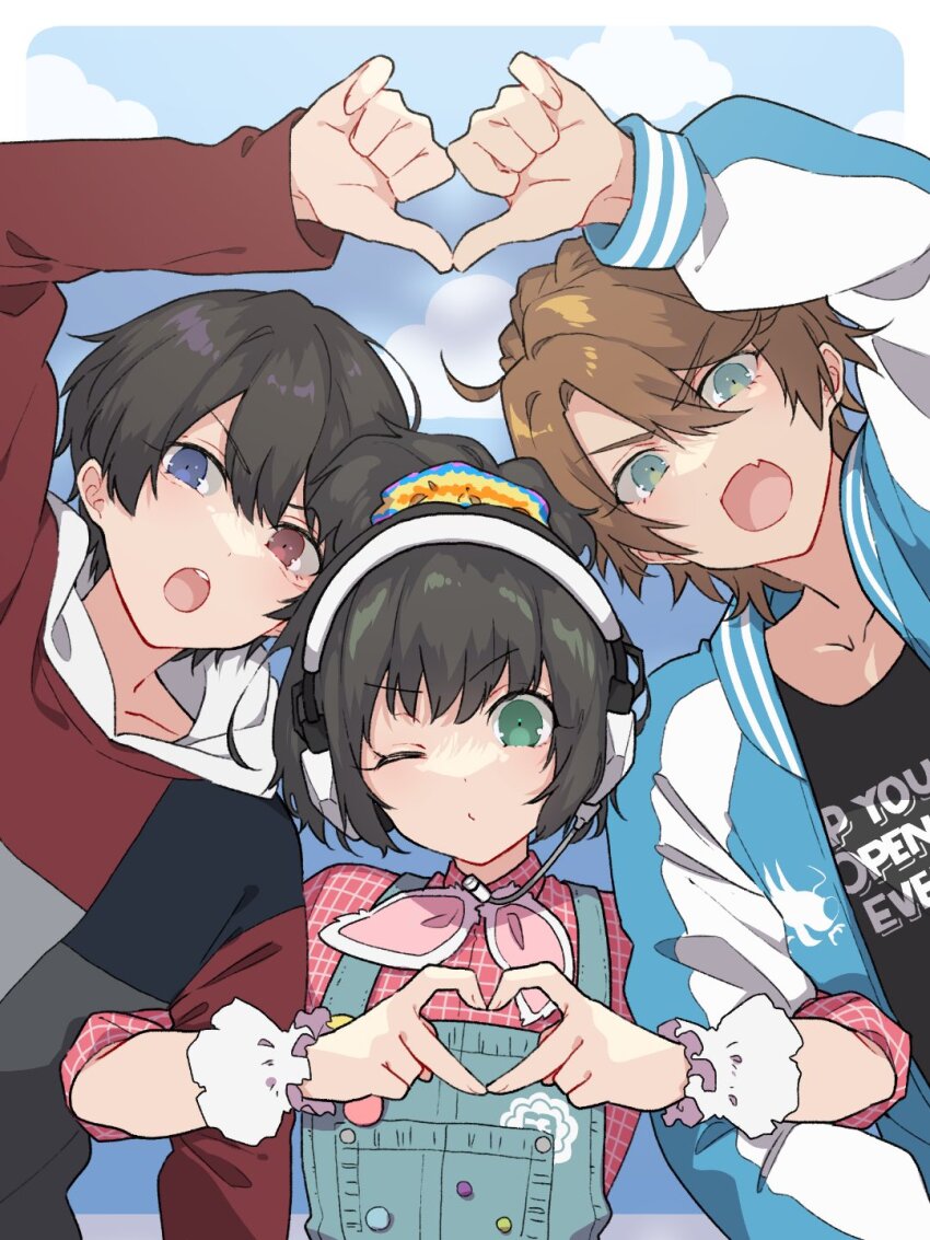 1girl 2boys banjou_ryuuga black_hair black_shirt blue_eyes brown_hair commentary ebony_nightmare fang green_eyes hair_between_eyes headphones heart heart_hands heart_hands_duo heterochromia highres hood hoodie isurugi_misora jersey kamen_rider kamen_rider_build_(series) kiryuu_sento looking_at_viewer multiple_boys one_eye_closed ponytail red_eyes shirt short_hair skin_fang smile solo standing symbol-only_commentary teeth