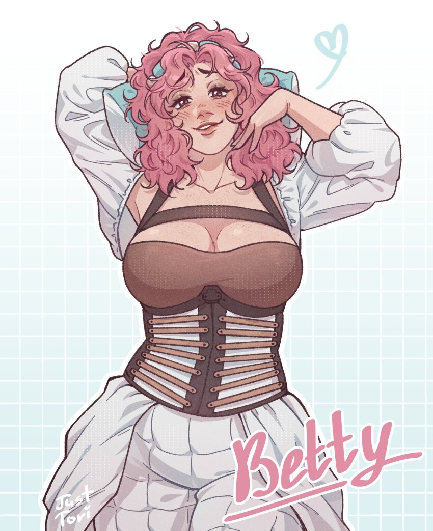 1girl absurdres arm_behind_head arms_up artist_name betty_(date_everything) blue_background blush breasts brown_eyes character_name cleavage collarbone commentary corset date_everything english_commentary eyelashes eyeshadow gradient_background grid_background heart highres just_tori large_breasts long_sleeves looking_at_viewer makeup medium_hair outline pink_hair pink_lips plump seductive_smile simple_background smile solo upper_body wavy_hair white_background white_outline