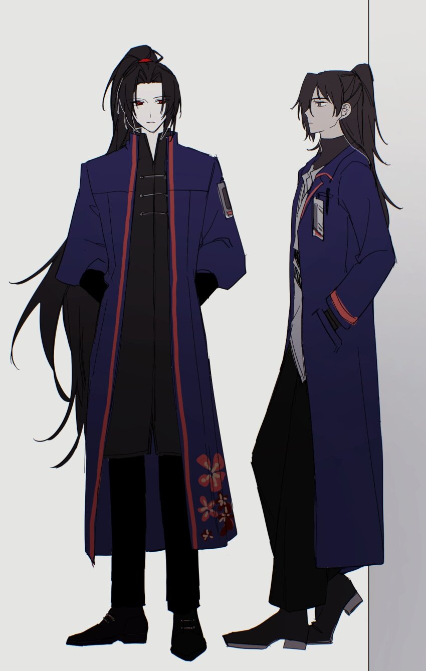 2boys aojiru_oisiiiii aseah_(project_moon) black_coat black_footwear black_gloves black_hair black_pants black_undershirt blue_coat closed_mouth coat collared_shirt full_body gloves hair_intakes half_updo highres jia_huan_(project_moon) limbus_company long_hair looking_to_the_side mandarin_collar multiple_boys pants ponytail project_moon red_eyes shirt shoes simple_background very_long_hair white_background white_shirt