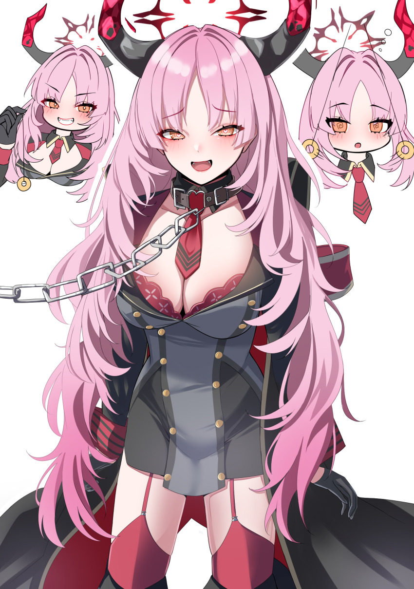 1girl armband belt black_coat black_footwear black_gloves black_skirt blue_archive blush boots bra bra_peek breasts brown_eyes buttons chain chibi cleavage coat coin coin_on_string collar detached_collar double-breasted dress garter_straps gloves grey_dress grin halo highres holed_coin horns large_breasts long_hair long_sleeves looking_at_viewer miniskirt mole mole_on_breast multiple_views necktie nigori_(keydoor) open_clothes open_coat open_mouth parted_bangs pencil_skirt pendulum pink_hair red_bra red_thighhighs satsuki_(blue_archive) short_dress skirt smile thigh_boots thighhighs thighhighs_under_boots thighs underwear wavy_hair