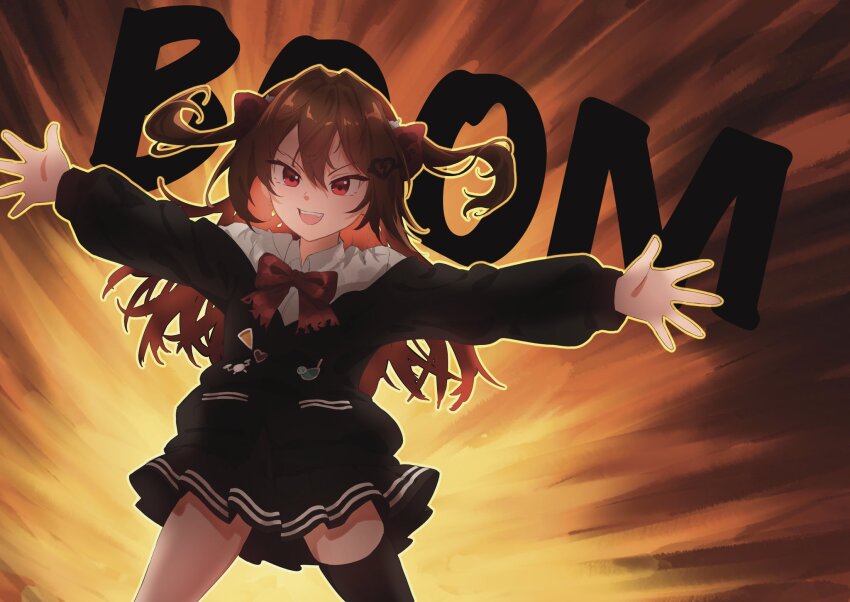 1girl black_cardigan black_skirt black_thighhighs bow bowtie broken_heart broken_heart_hair_ornament brown_hair cardigan collared_shirt cowboy_shot dress_shirt evil_neuro-sama hair_between_eyes hair_ornament hair_ribbon hashtag-only_commentary heart highres kasoke308 long_hair long_sleeves neuro-sama off-shoulder_cardigan open_hands open_mouth pleated_skirt red_bow red_bowtie red_eyes red_ribbon ribbon shirt single_thighhigh skirt skull_hair_ornament solo sound_effects thighhighs two_side_up vedal_ai white_shirt