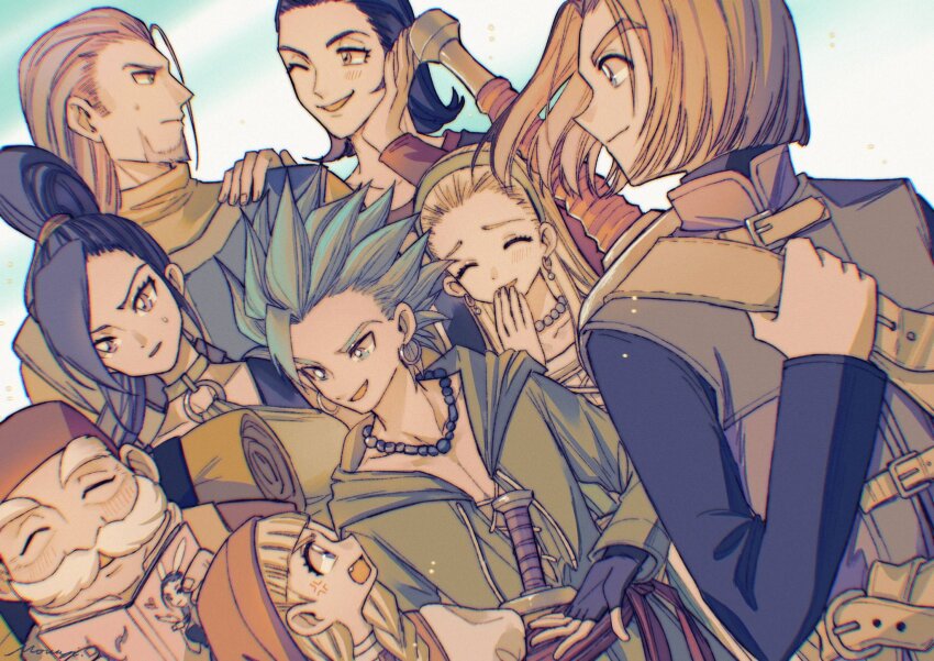 3girls 5boys anger_vein bead_necklace beads black_gloves black_hair blonde_hair blue_hair blunt_bangs braid brown_hair camus_(dq11) chinese_commentary closed_eyes commentary_request covering_own_mouth dragon_quest dragon_quest_xi earrings everyone facial_hair fingerless_gloves gloves green_hairband greig_(dq11) hair_pulled_back hair_slicked_back hairband hand_on_another&#039;s_shoulder hat hero_(dq11) high_ponytail highres holding holding_magazine hoop_earrings jewelry laughing long_hair low_twin_braids magazine_(object) martina_(dq11) medium_hair mouyi multiple_boys multiple_girls mustache necklace old old_man one_eye_closed open_mouth ponytail purple_eyes purple_facial_hair purple_hair red_hat row_(dq11) senya_(dq11) short_hair siblings single_bang sisters spiked_hair sweatdrop sylvia_(dq11) twin_braids veronica_(dq11) white_hair