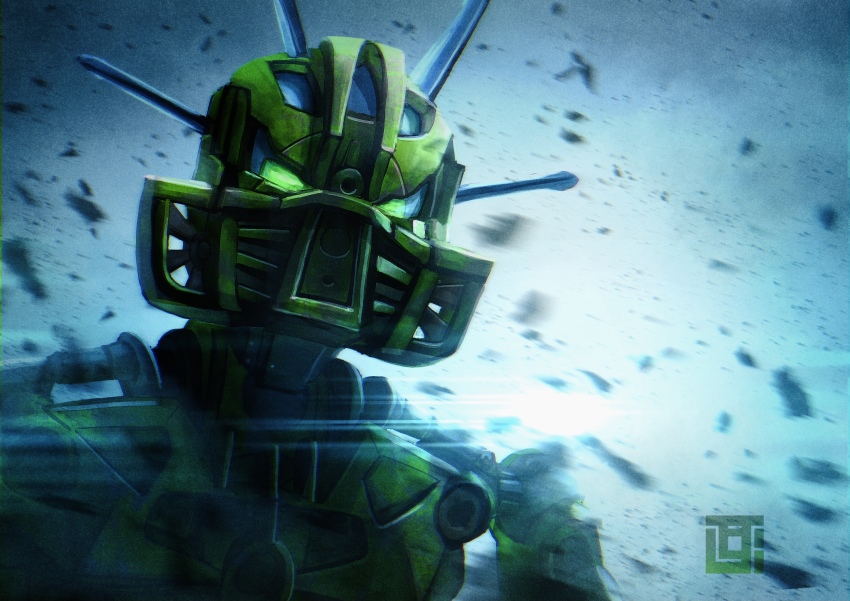 backlighting bionicle blue_background commentary english_commentary green_eyes head_tilt highres humanoid_robot kanohi_(bionicle) kozsen_810290 lewa_(bionicle) lewa_phantoka looking_ahead mask portrait robot the_lego_group