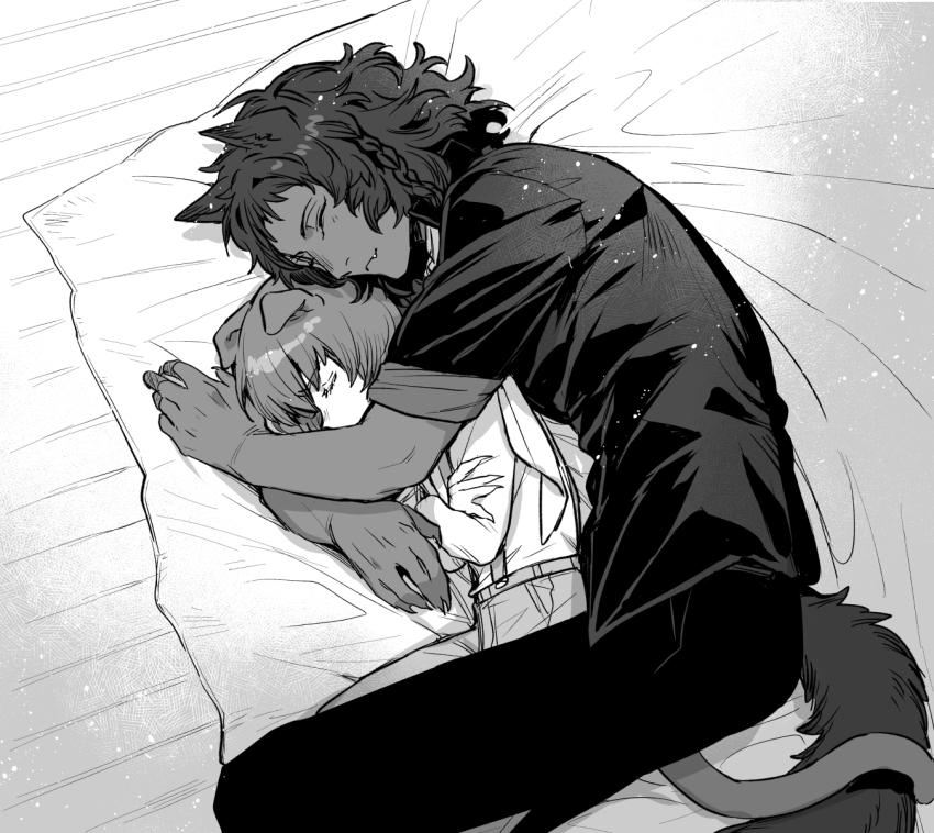 2boys animal_ears arms_around_neck ascot basilio_(metaphor:_refantazio) bed_sheet braid brothers claws closed_eyes commentary_request crossed_arms dark-skinned_male dark_skin fang fidelio_(metaphor:_refantazio) folded_ear greyscale hand_on_own_arm highres lying male_focus metaphor:_refantazio mgmgdes61 monochrome multiple_boys on_side pants shirt shirt_tucked_in siblings side_braid single_braid sleeping sleeves_rolled_up spooning tail white_ascot