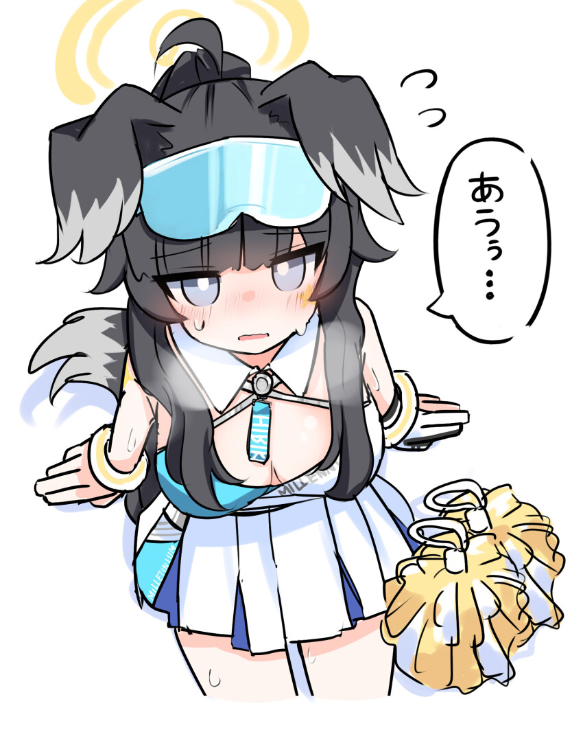 1girl animal_ears arms_at_sides black_hair blue-tinted_eyewear blue_archive blunt_bangs blush bracelet breasts bright_pupils character_name cheerleader commentary cowboy_shot cropped_legs detached_collar dog_ears dog_girl dog_tail eyes_visible_through_hair floppy_ears flying_sweatdrops from_above goggles goggles_on_head grey_eyes halo heavy_breathing hibiki_(blue_archive) hibiki_(cheer_squad)_(blue_archive) highres jewelry long_hair looking_at_viewer medium_breasts millennium_cheerleader_outfit_(blue_archive) miniskirt official_alternate_costume open_mouth pjdm62 pleated_skirt pom_pom_(cheerleading) ponytail sidelocks simple_background sitting sketch skirt solo speech_bubble sweat tail tinted_eyewear translated wavy_mouth white_background white_pupils white_skirt yellow_halo