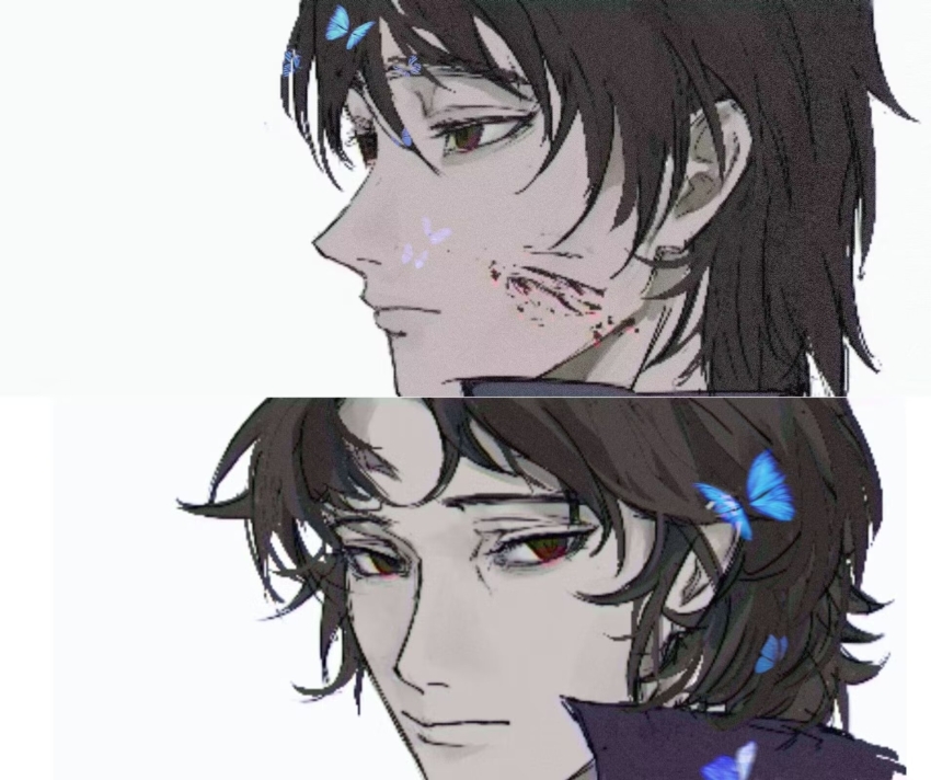 1boy blood blood_on_face brown_hair bug butterfly chinese_commentary closed_mouth commentary_request dixinyinli expressionless film_grain harada_minoru highres insect looking_at_viewer male_focus red_eyes saibou_shinkyoku short_hair simple_background turning_head white_background