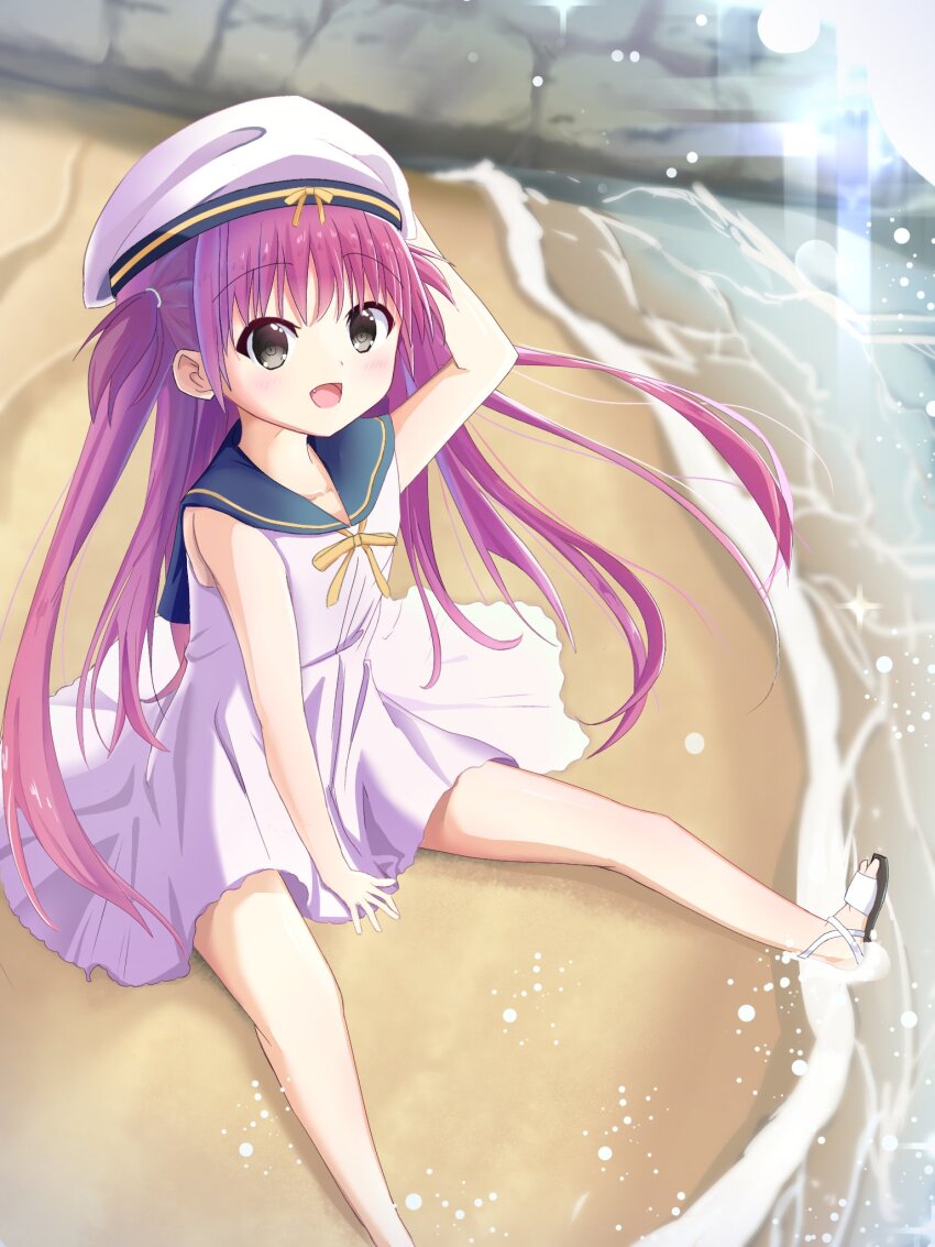1girl :d arm_up beach between_legs blue_sailor_collar child commentary_request day dress fang floating_hair foot_out_of_frame grey_eyes hair_between_eyes hand_between_legs happy hat highres katou_umi long_hair looking_ahead ocean open_mouth outdoors outstretched_legs pink_hair ribbon sailor_collar sailor_dress sailor_hat sandals short_dress sitting sleeveless sleeveless_dress smile solo summer_pockets two_side_up user_jvdy4345 very_long_hair white_dress white_hat white_sandals yellow_ribbon