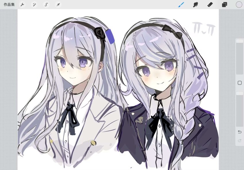 2girls art_program_in_frame black_hairband black_jacket black_ribbon bow_hairband braid collared_shirt cropped_torso grey_hair hair_ornament hairband hairpin highres jacket kanae2243308964 kashimiya_karua kirifuji_nozomi light_blush long_hair multiple_girls multiple_hairpins neck_ribbon procreate_(medium) purple_eyes ribbon shirt simple_background sketch smile the_hundred_line_-last_defense_academy- white_jacket white_shirt