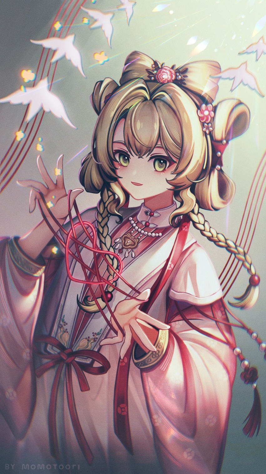 1girl absurdres bird blonde_hair braid cat&#039;s_cradle chinese_clothes flower green_eyes grey_background hair_flower hair_ornament hands_up hanfu highres holding holding_string jewelry long_hair looking_at_viewer low_twin_braids momotoori necklace official_alternate_costume parted_lips pink_flower pink_hanfu reverse:1999 shuangyaji smile solo sotheby sotheby_(the_red_thread_of_fate) string twin_braids upper_body