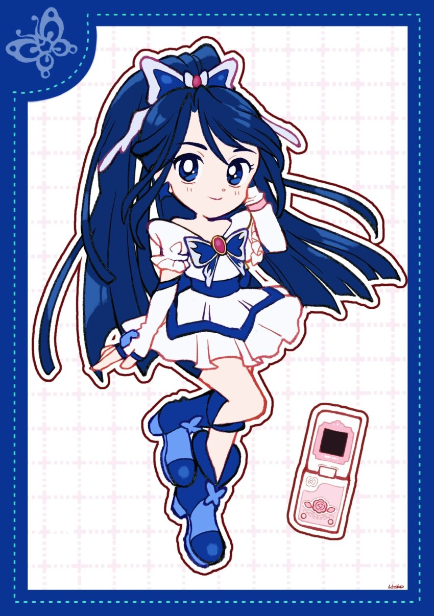 1girl animal_print back_bow blue_boots blue_border blue_bow blue_bowtie blue_eyes blue_hair blue_sash blue_shorts boots border bow bowtie butterfly_earrings butterfly_hair_ornament butterfly_print closed_mouth commentary cure_aqua deformed dot_nose dotted_line dress earrings fingerless_gloves frilled_dress frilled_sleeves frills full_body gloves grid_background hair_ornament hand_in_own_hair happy high_heel_boots high_heels highres jewelry long_hair looking_at_viewer magical_girl minazuki_karen outline ponytail precure red_brooch sash short_dress short_sleeves shorts shorts_under_dress signature smile solo swept_bangs tareme uwded_207 very_long_hair waist_sash white_arm_warmers white_background white_dress white_gloves white_outline yes!_precure_5