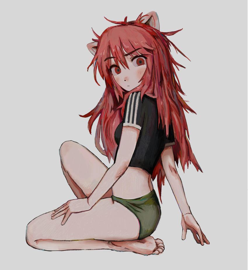 1girl absurdres adidas bare_legs barefoot black_shirt crop_top dot_nose elfen_lied feet fffkorobka from_side full_body green_panties highres horns looking_at_viewer lucy_(elfen_lied) messy_hair midriff no_pants nyuu panties raised_eyebrow red_eyes red_hair shirt sitting solo thighs toes underwear white_background