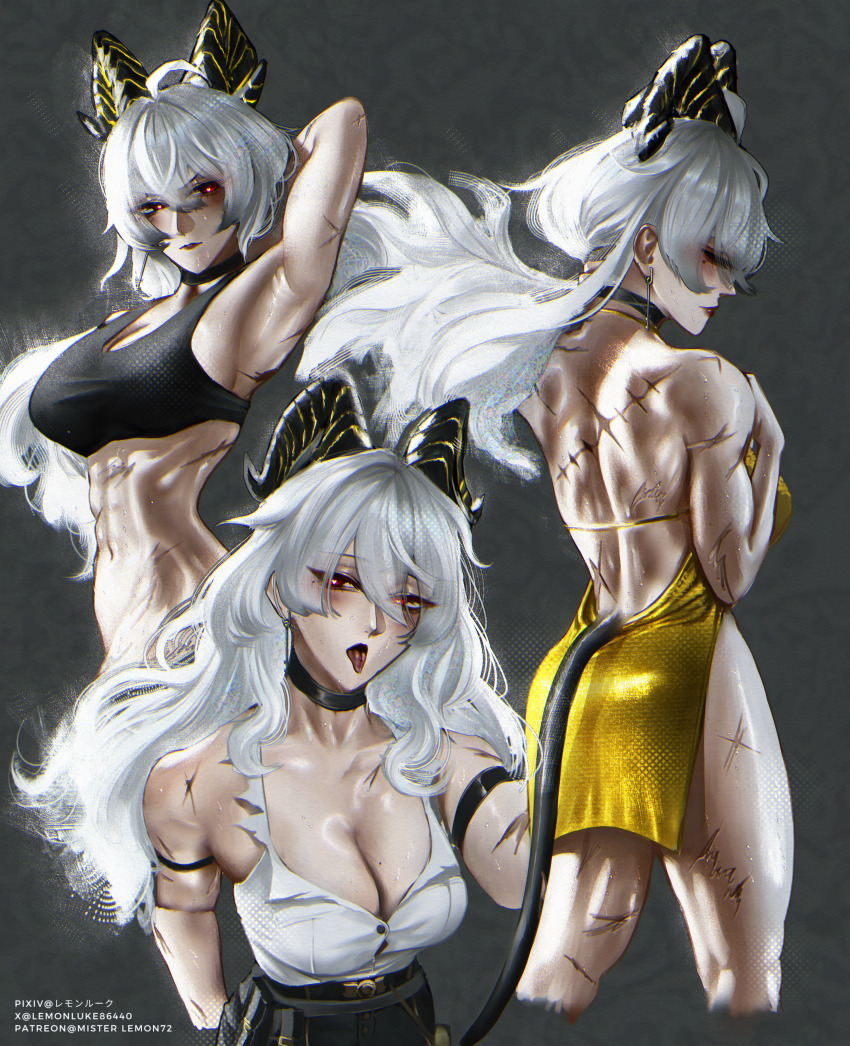 1girl abs absurdres alternate_costume arm_strap armpits backless_dress backless_outfit bare_shoulders black_choker black_horns black_pants black_sports_bra black_tail breasts bright_pupils choker closed_eyes closed_mouth collarbone commentary curled_horns demon_tail dress earrings hair_between_eyes highres horns jewelry key_earrings large_breasts lemonluke101 long_hair looking_at_viewer median_furrow multiple_views navel open_mouth pants presenting_armpit red_eyes scar scars_all_over shirt shirt_tucked_in sports_bra stomach tacet_mark_(wuthering_waves) tail toned toned_female tongue tongue_out too_many torn_clothes torn_shirt white_hair white_pupils white_shirt wuthering_waves yellow_dress zani_(wuthering_waves)