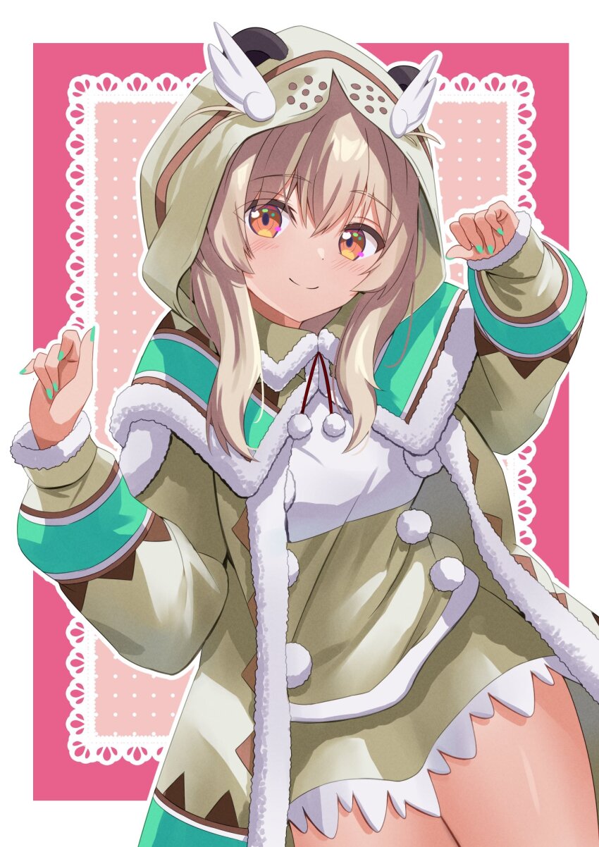 1girl alternate_costume amatsuna_sasaha blush breasts brown_eyes brown_hair commentary_request fingernails hair_between_eyes hair_ornament highres hood hooded_jacket indie_virtual_youtuber jacket long_hair monster_hunter_(series) simple_background small_breasts smile solo thighs virtual_youtuber