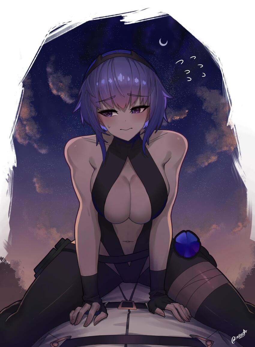 1boy 1girl absurdres bare_shoulders black_gloves black_hairband black_leotard blush breasts center_opening dark-skinned_female dark_skin fate/grand_order fate_(series) fingerless_gloves fujimaru_ritsuka_(male) gloves hairband hassan_of_serenity_(fate) highres jacket large_breasts leggings leotard looking_at_viewer navel purple_eyes purple_hair short_hair sidelocks sitting sitting_on_person spread_legs suhyeon white_jacket