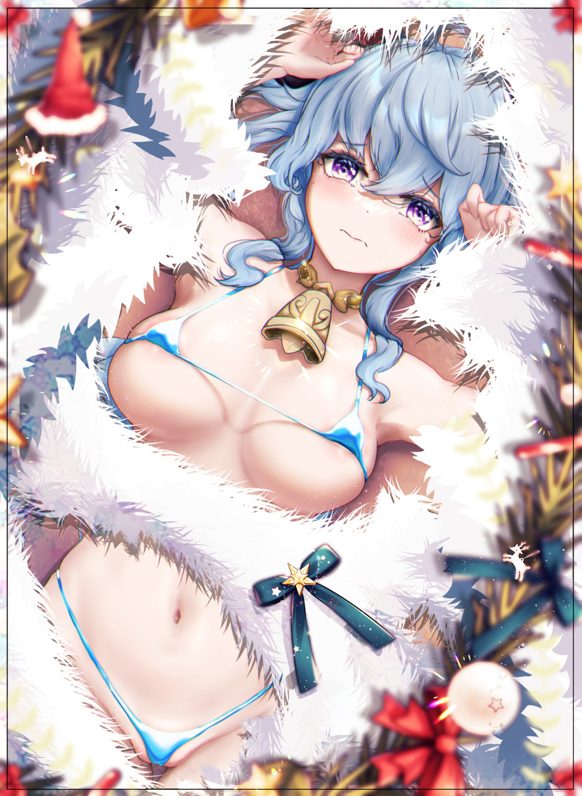 113hue 1girl absurdres antlers bell bikini blue_hair blurry blurry_background blurry_foreground blush box breasts christmas christmas_lights christmas_ornaments christmas_tree coat depth_of_field fur fur-trimmed_coat fur-trimmed_gloves fur-trimmed_headwear fur-trimmed_hood fur-trimmed_kimono fur-trimmed_legwear fur-trimmed_skirt fur-trimmed_sleeves fur_collar fur_trim ganyu_(genshin_impact) genshin_impact gift gift_box gloves hat highres hood horns japanese_clothes kimono large_breasts looking_at_viewer merry_christmas micro_bikini motion_blur navel reindeer_antlers sack santa_bikini santa_costume santa_hat skirt solo swimsuit